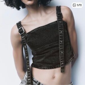 Zara Charcoal Denim Strap Crop Top
